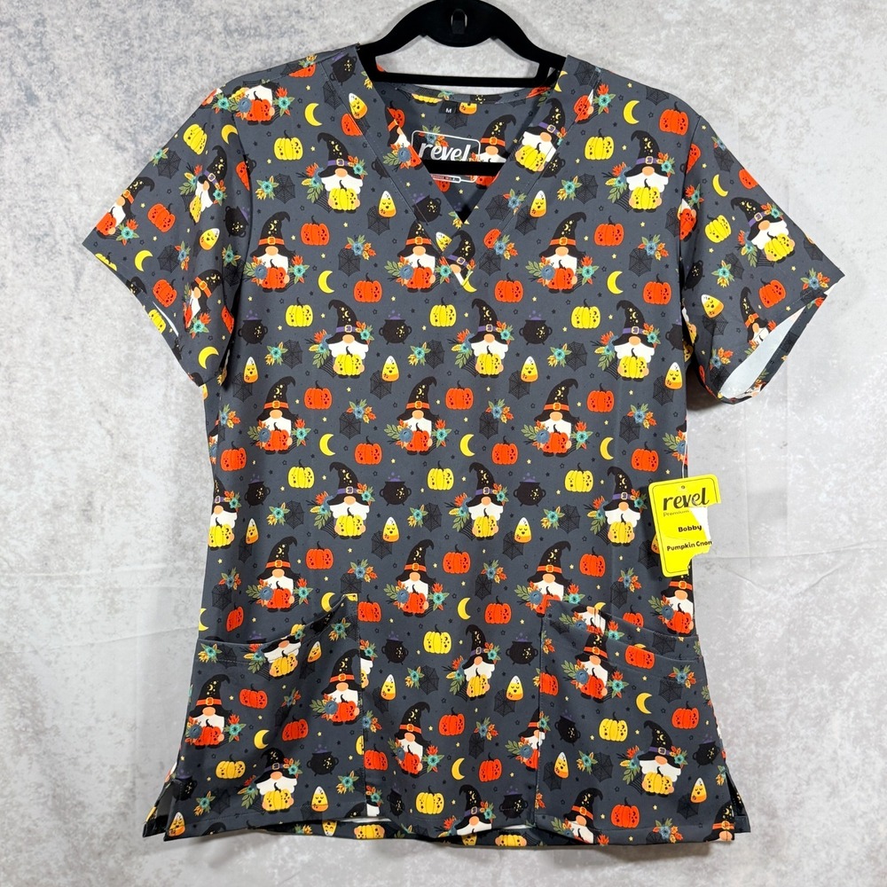 Revel Womens Med Pumpkin Gnome Halloween Scrub Top Gray V-Neck Bobby NWT